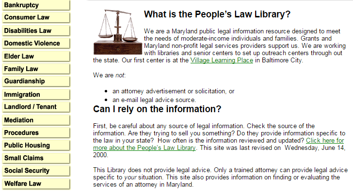Clip from screenshot of front page of People's Law site, June 14, 2000